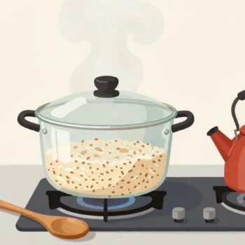 A pot of rice cooking under a clear glass lid, grains visible through the mist, a spoon resting untouched beside it.