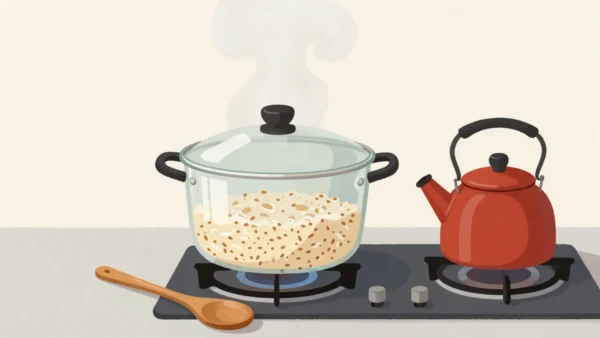 A pot of rice cooking under a clear glass lid, grains visible through the mist, a spoon resting untouched beside it.