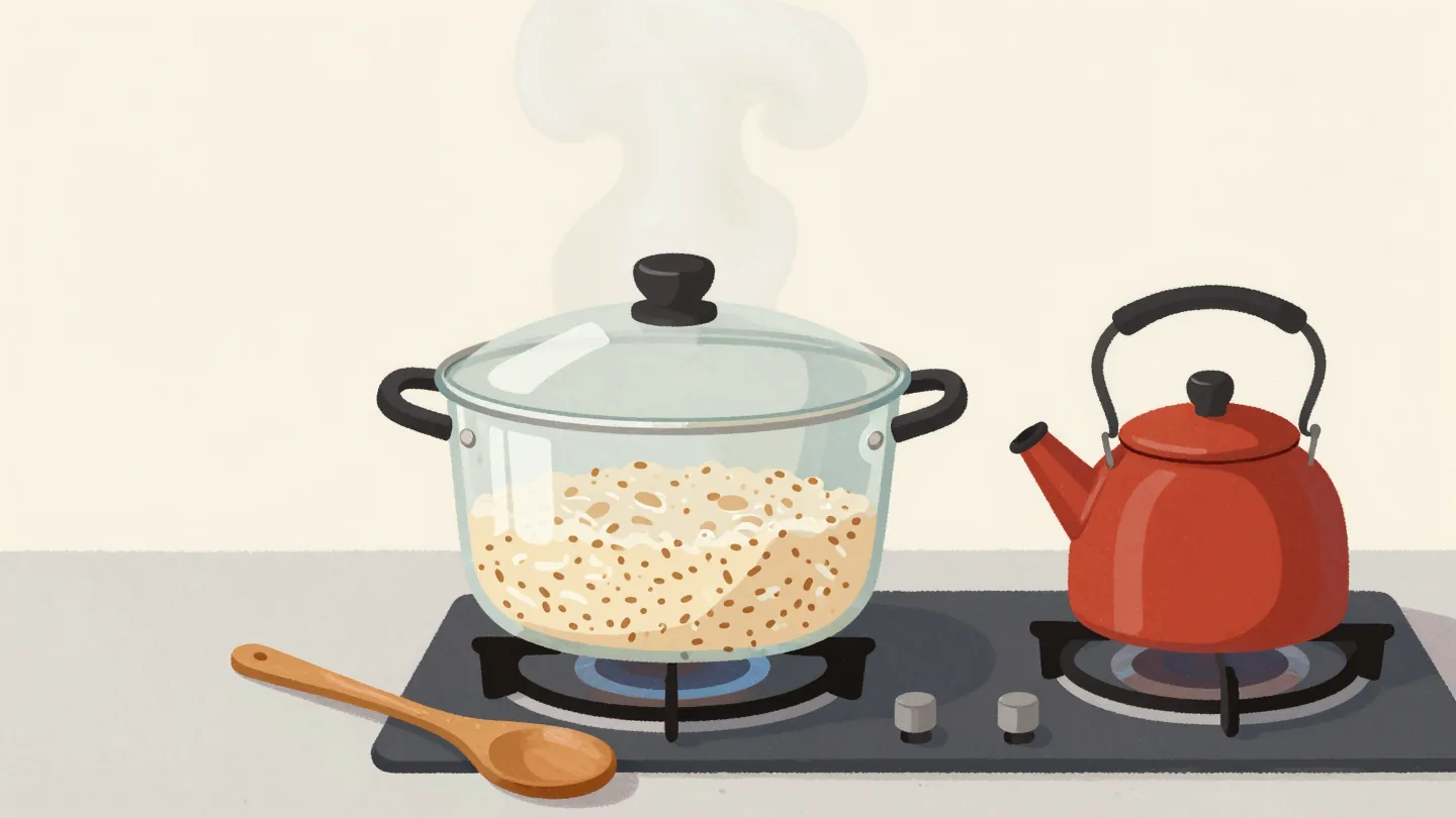 A pot of rice cooking under a clear glass lid, grains visible through the mist, a spoon resting untouched beside it.