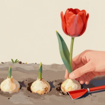 A hand holding a tulip bulb, paused above a spot where a shoot already grows in a garden bed.