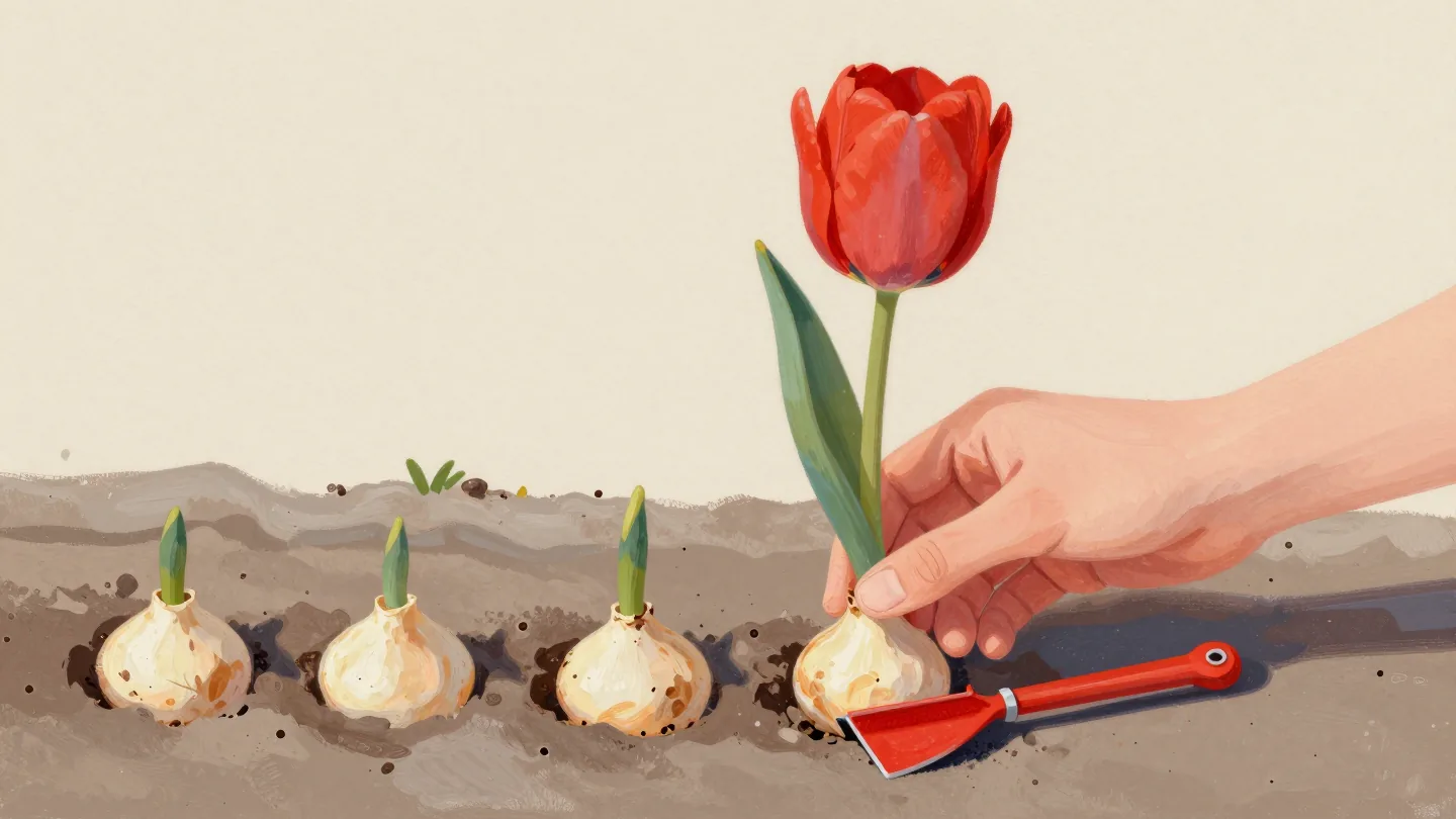 A hand holding a tulip bulb, paused above a spot where a shoot already grows in a garden bed.