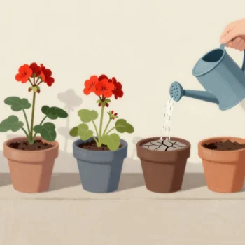 A hand watering the one dry pot in a row of geraniums on a porch step, the other pots left alone