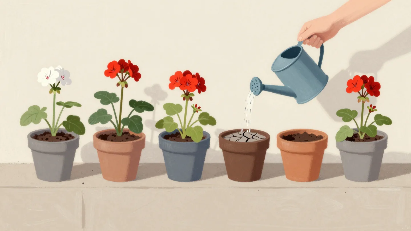 A hand watering the one dry pot in a row of geraniums on a porch step, the other pots left alone