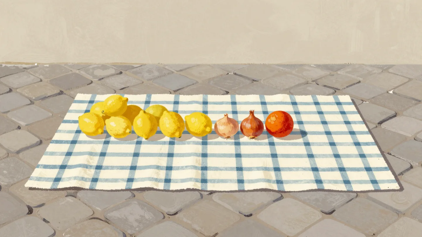 A checkered cloth spread on market cobblestones as a makeshift stall, with a short row of lemons and one blood orange.