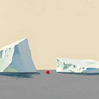 Two icebergs cut at the waterline, the smaller-looking one hiding a huge mass below.