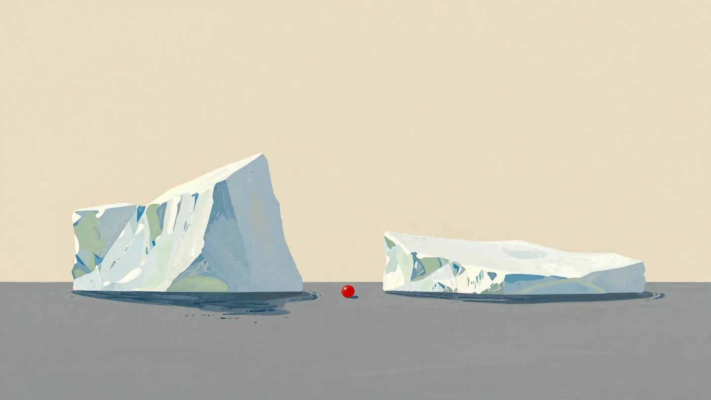 Two icebergs cut at the waterline, the smaller-looking one hiding a huge mass below.