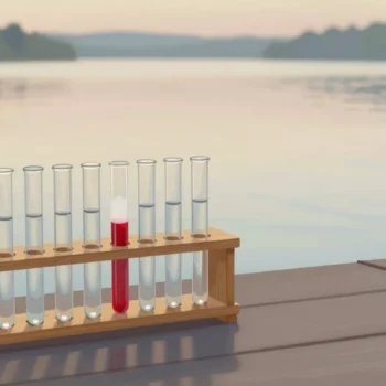 A rack of lake water samples at dawn, one cloudy tube marked with a red clip.