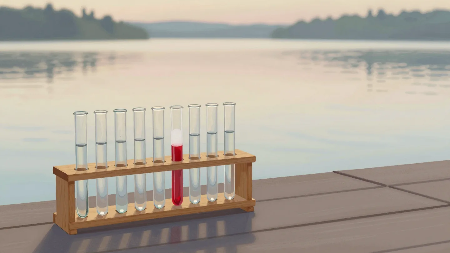 A rack of lake water samples at dawn, one cloudy tube marked with a red clip.