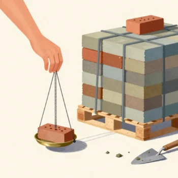 A hand weighing one brick on a spring scale in front of a large pallet of identical bricks