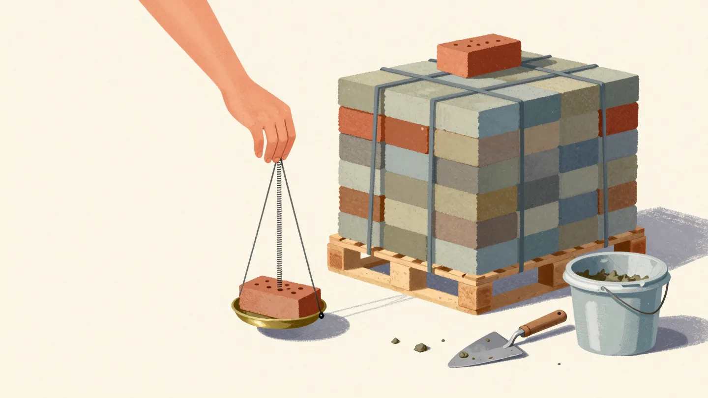 A hand weighing one brick on a spring scale in front of a large pallet of identical bricks