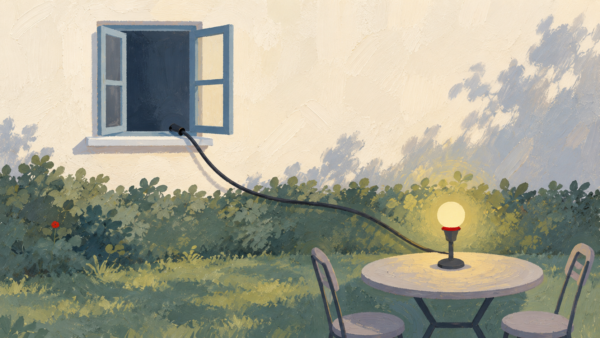 An outdoor lamp remains connected to a remote source through an extension cable