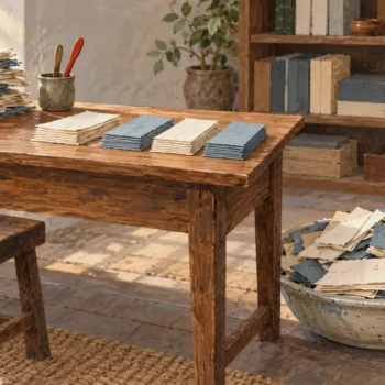 Sorted paper fills a worktable while excess slips rest in a side basin