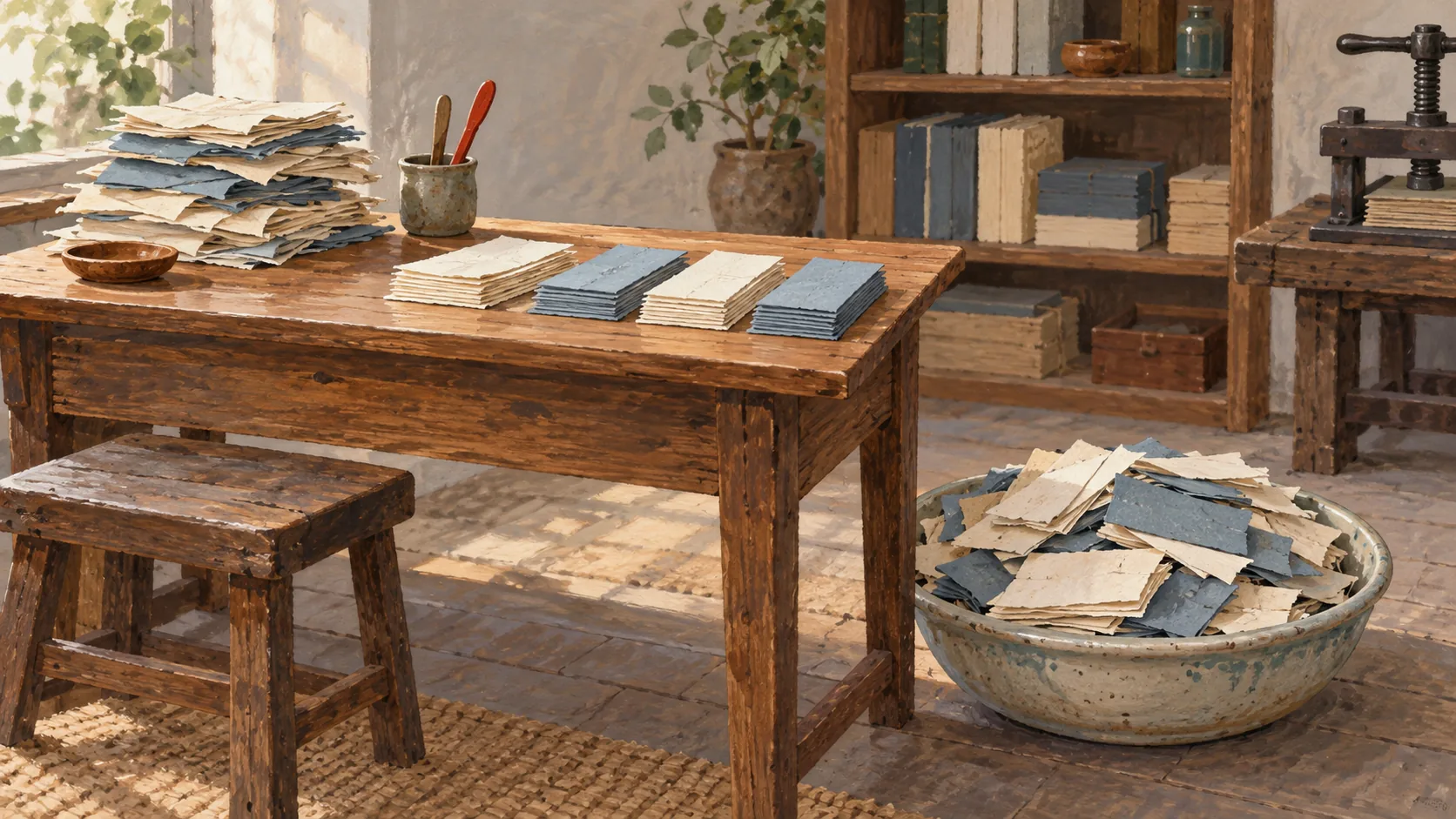 Sorted paper fills a worktable while excess slips rest in a side basin