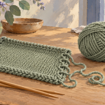 An unfinished knitted square can be unravelled and worked anew from the same yarn
