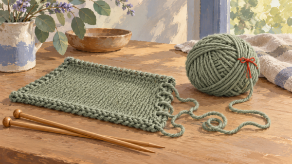 An unfinished knitted square can be unravelled and worked anew from the same yarn