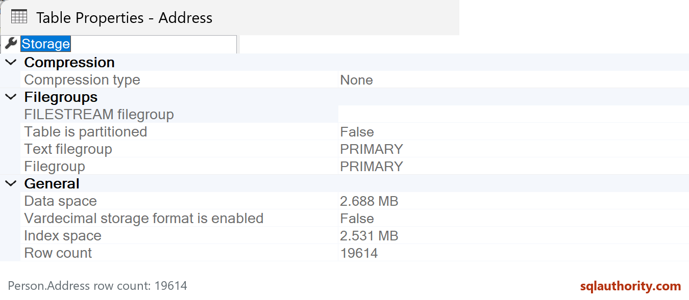 SSMS Person.Address Storage properties show Row count 19614