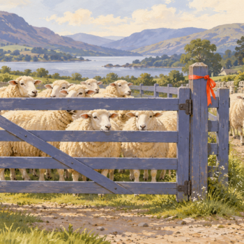 A flock gathered at a gate gives a concrete scene for counting a collection