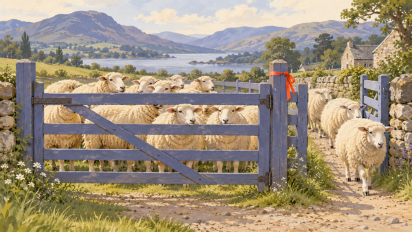 A flock gathered at a gate gives a concrete scene for counting a collection