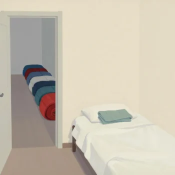 A single made-up guest bed facing a long row of sleeping bags in the hall.