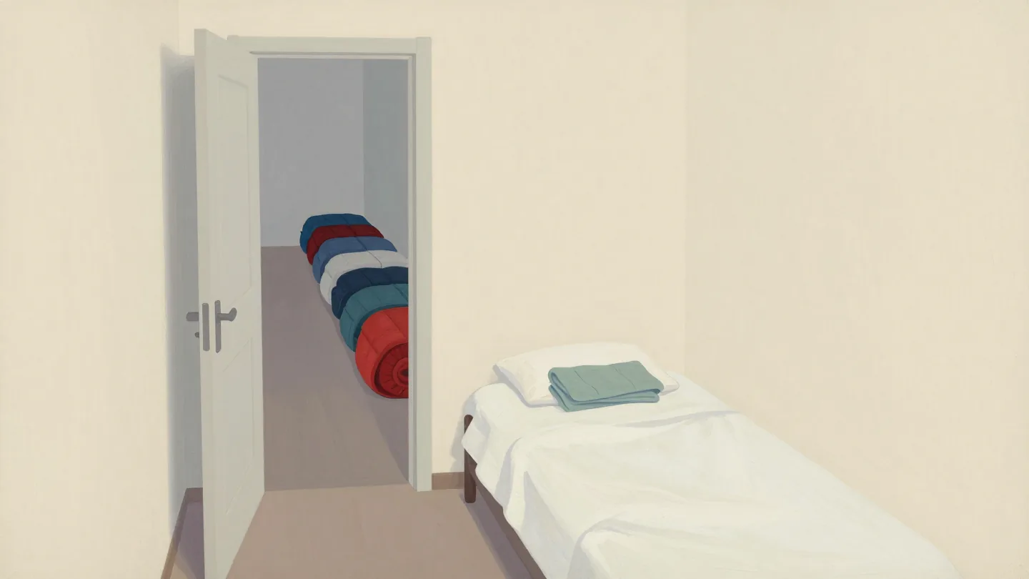 A single made-up guest bed facing a long row of sleeping bags in the hall.