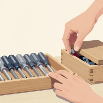 A tray of flat-head screwdrivers beside a closed wooden box, a hand hovering between them on a workbench.