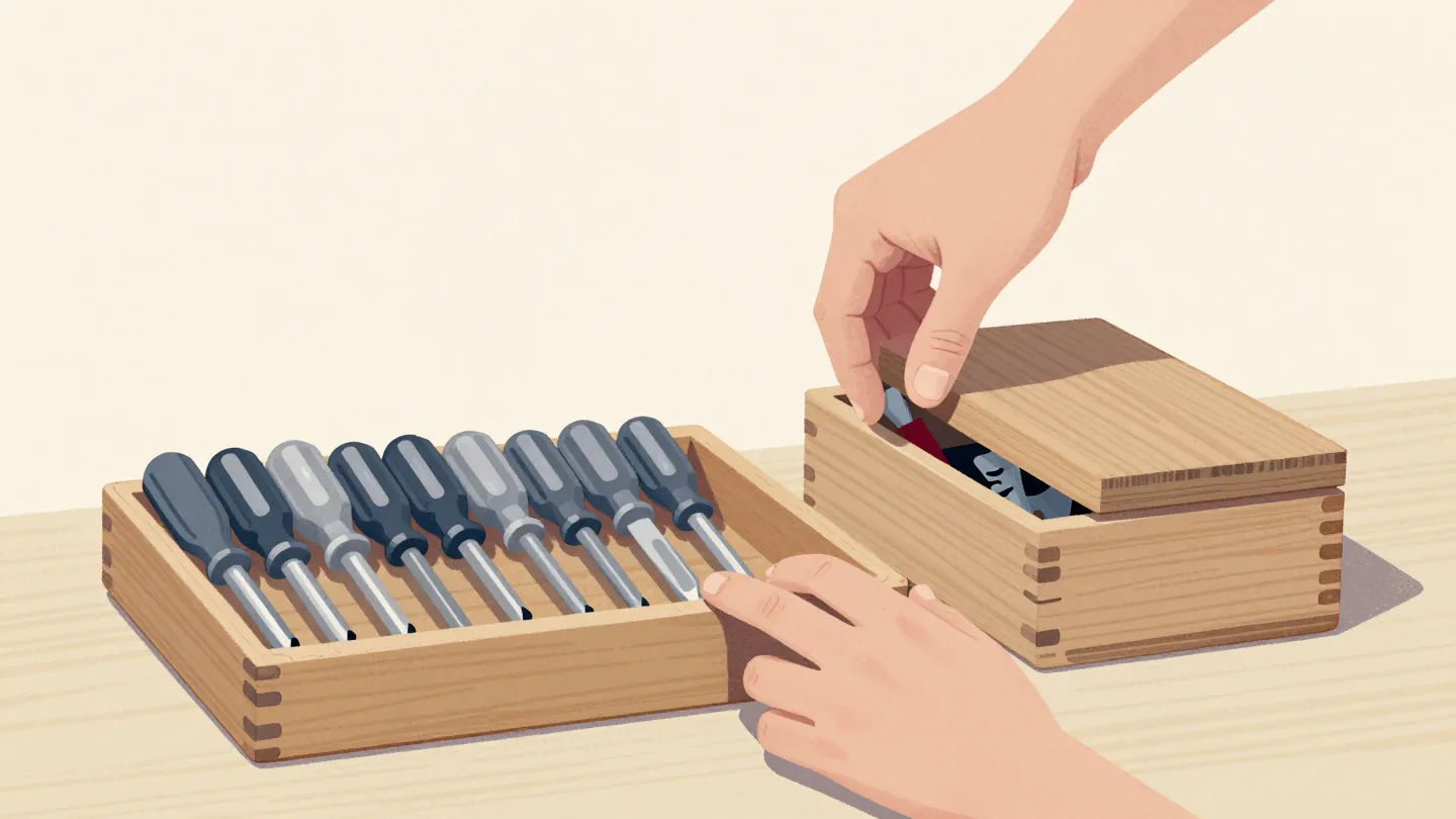 A tray of flat-head screwdrivers beside a closed wooden box, a hand hovering between them on a workbench.