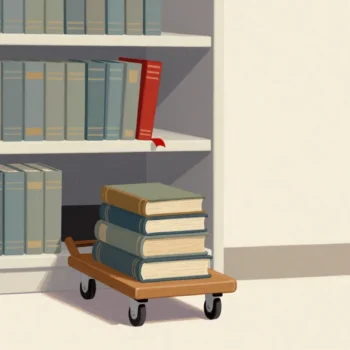 A library trolley carrying a small stack of old books toward a basement stairway, a gap left on the shelf.