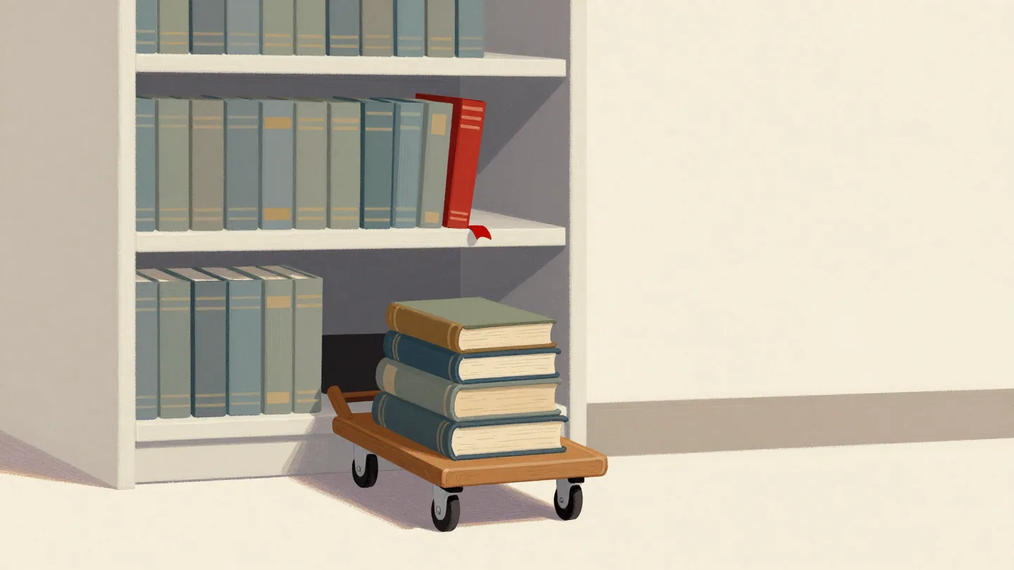 A library trolley carrying a small stack of old books toward a basement stairway, a gap left on the shelf.