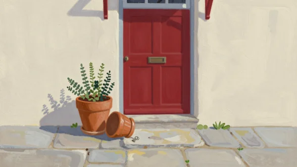 A flowerpot tipped back beside a cottage front door, showing a spare house key hidden underneath.