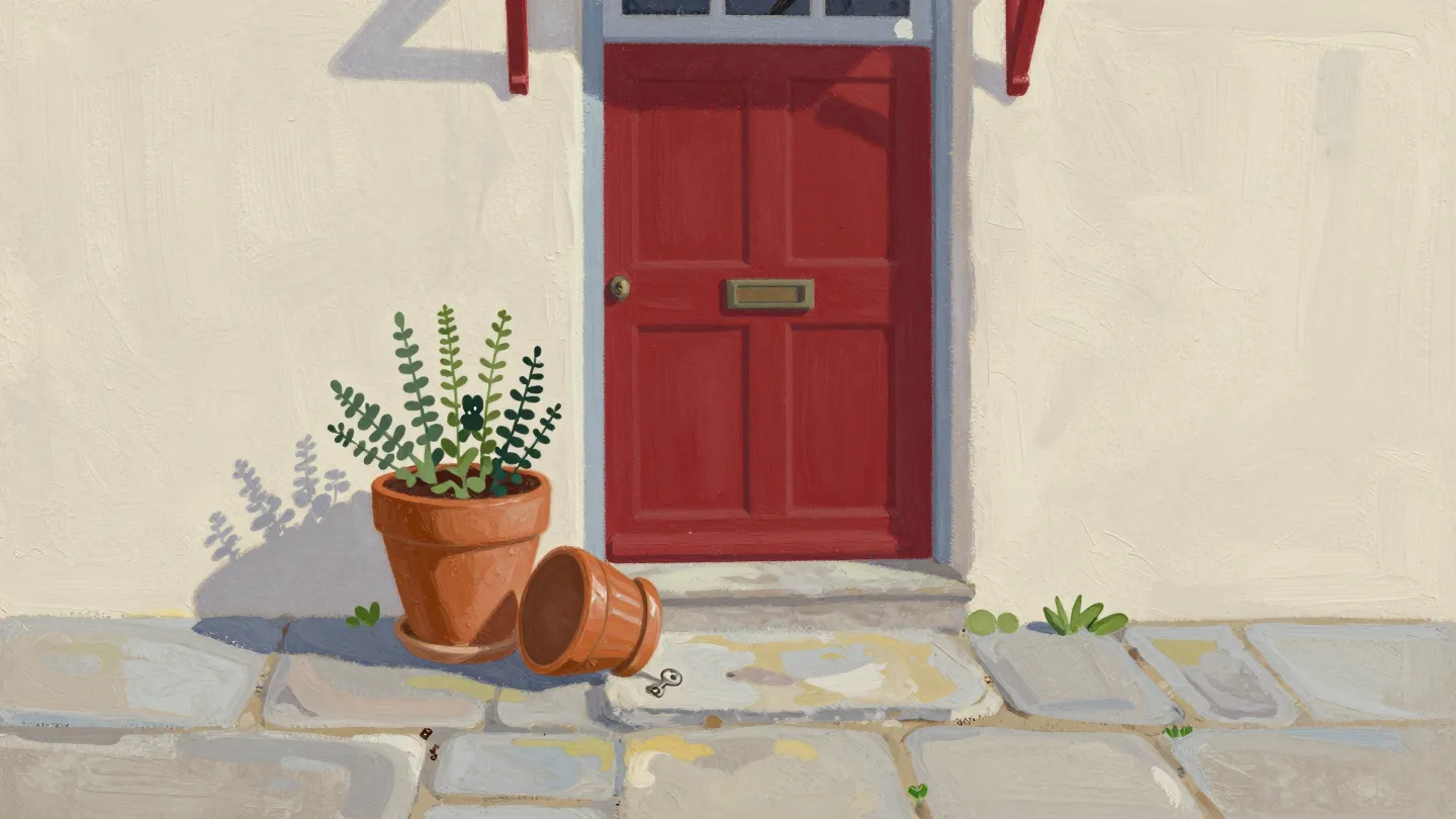 A flowerpot tipped back beside a cottage front door, showing a spare house key hidden underneath.