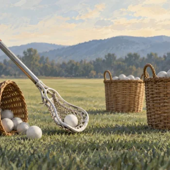 A lacrosse stick transferring a ball from an unused basket toward an active basket