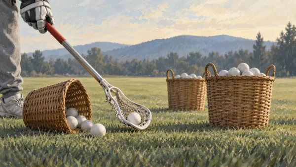 A lacrosse stick transferring a ball from an unused basket toward an active basket