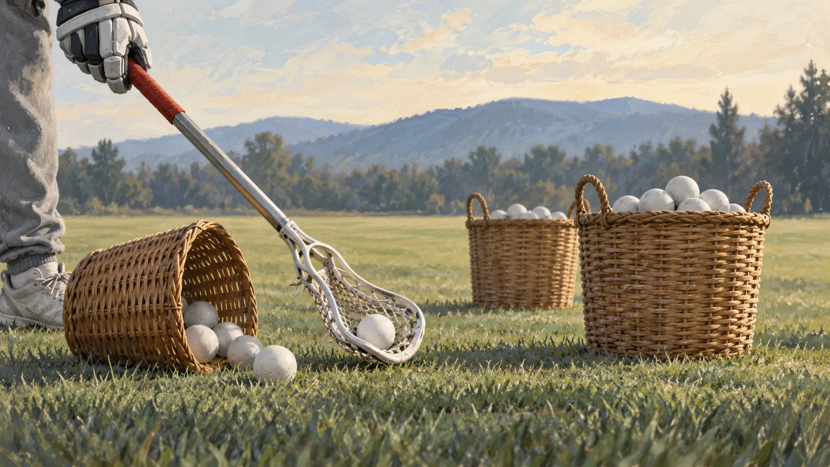 A lacrosse stick transferring a ball from an unused basket toward an active basket