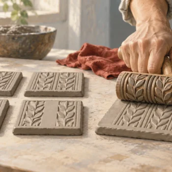 A pottery roller leaves patterned impressions in clay tiles, with one tile showing a different gap.