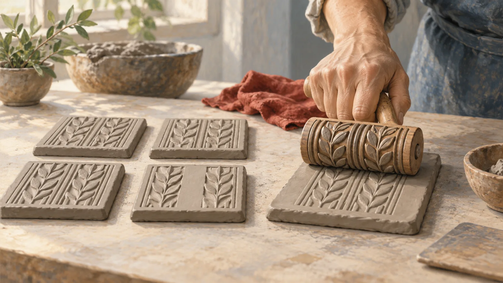 A pottery roller leaves patterned impressions in clay tiles, with one tile showing a different gap.