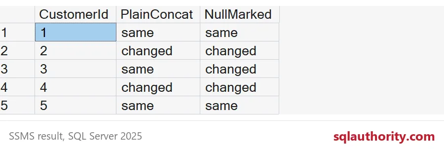 Five row comparisons show customer 3 as same under PlainConcat and changed under NullMarked.