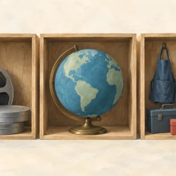 Film reels, globe and work aprons represent the Sakila, World and Employees sample databases