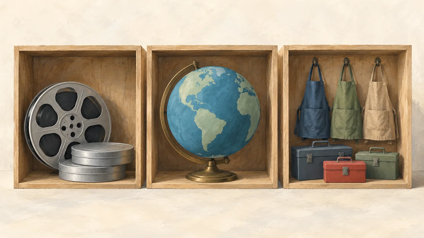 Film reels, globe and work aprons represent the Sakila, World and Employees sample databases