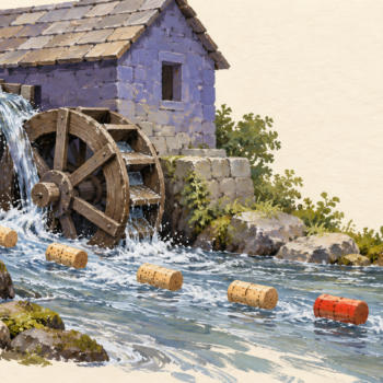 Corks pass a waterwheel in a steady stream, illustrating throughput