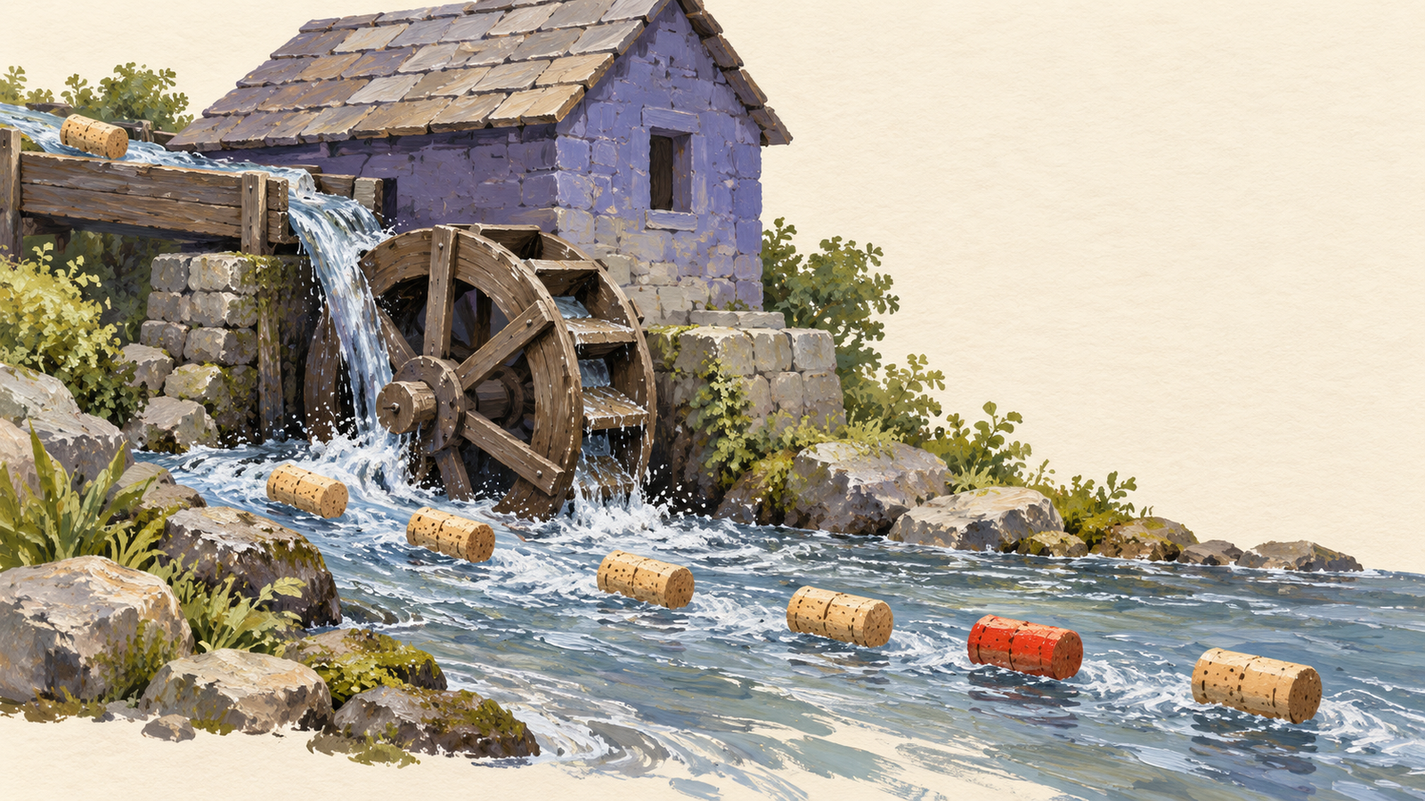 Corks pass a waterwheel in a steady stream, illustrating throughput