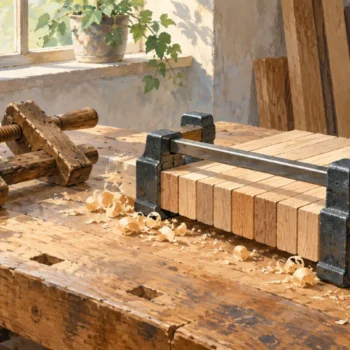 A new adjustable clamp aligns boards while an old clamp rests unused