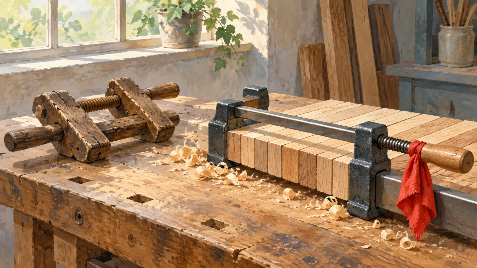 A new adjustable clamp aligns boards while an old clamp rests unused
