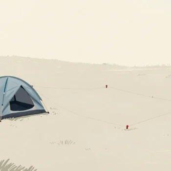 A compact tent sits beside a larger marked footprint reserved for expansion