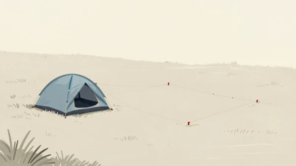 A compact tent sits beside a larger marked footprint reserved for expansion