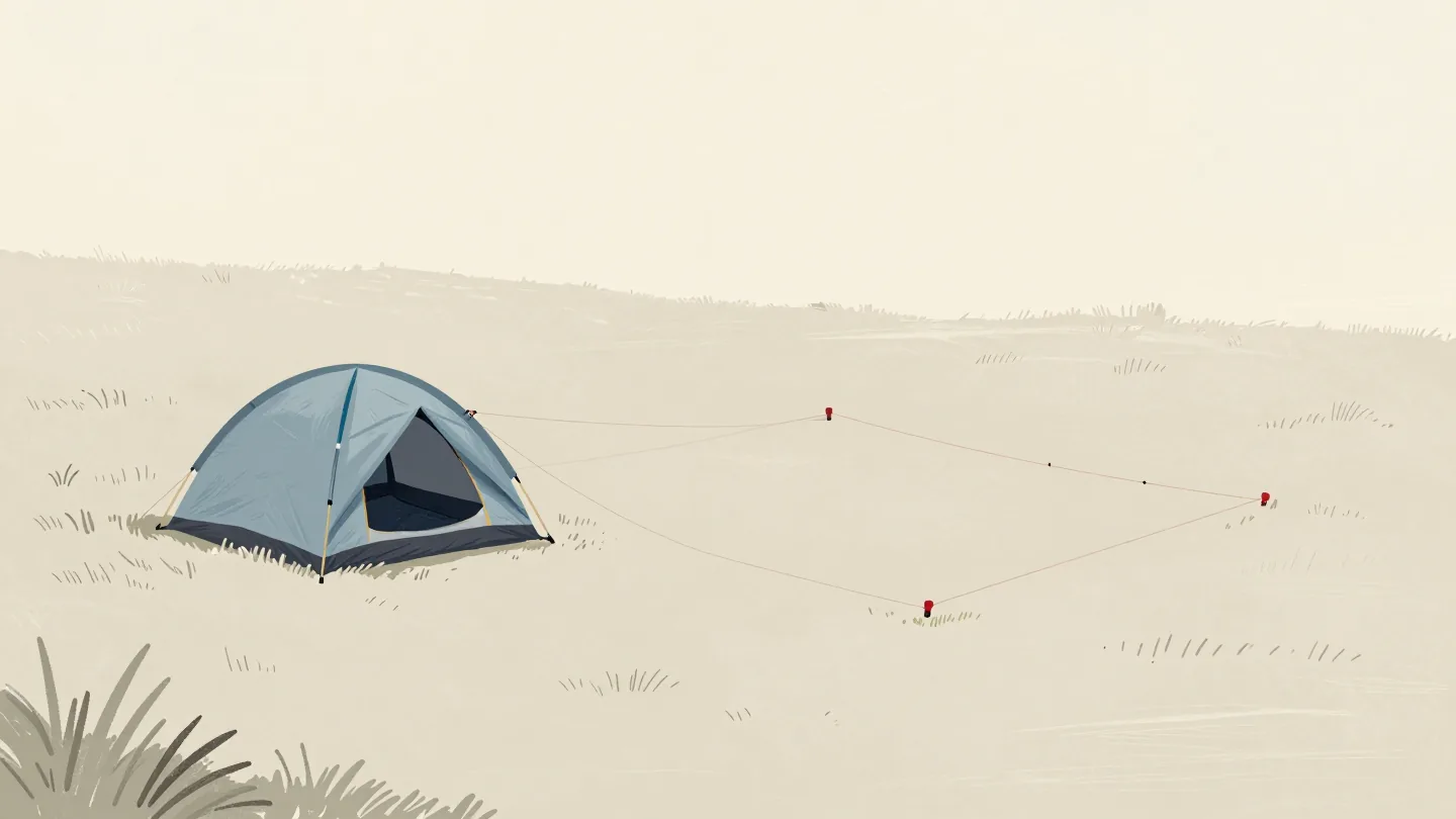 A compact tent sits beside a larger marked footprint reserved for expansion