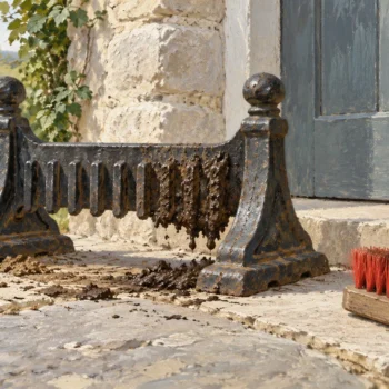 A boot mud scraper bearing fresh mud while clean ground surrounds it