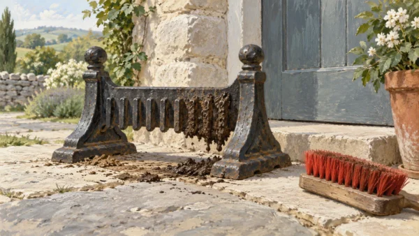 A boot mud scraper bearing fresh mud while clean ground surrounds it