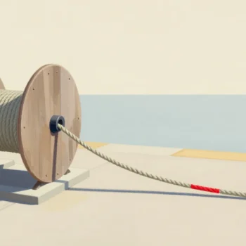 A wooden cable drum on a quay paying out rope, a red chalk mark on the rope showing how far it has moved.