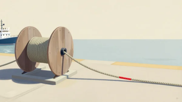 A wooden cable drum on a quay paying out rope, a red chalk mark on the rope showing how far it has moved.