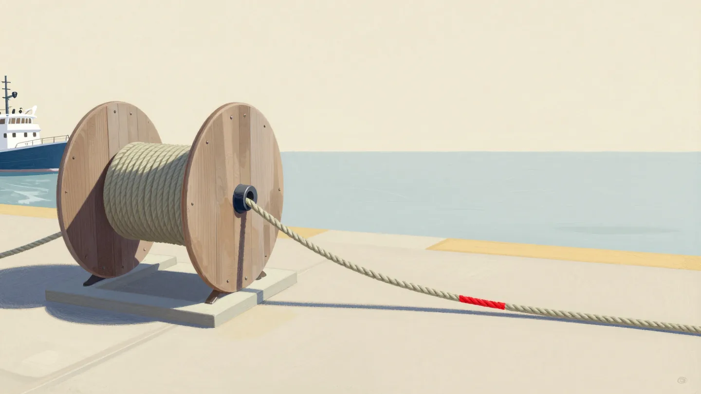 A wooden cable drum on a quay paying out rope, a red chalk mark on the rope showing how far it has moved.